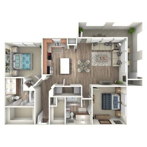 Floor plan for 2 beds, 2 baths, 1139 sqft